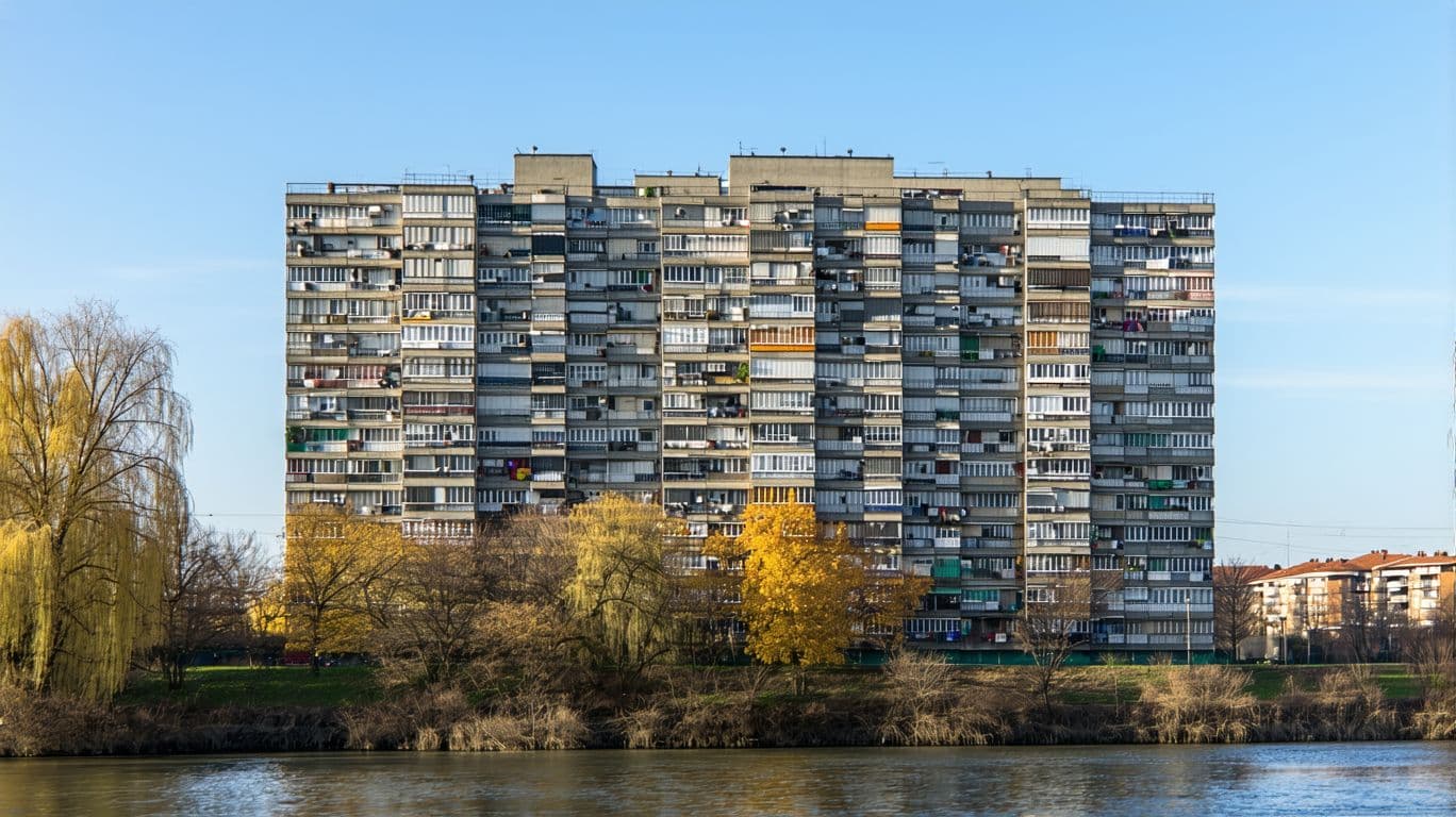 AI generated: un edificio residencial de 10 plantas en el borde de un río, contruido con orden regular de ventanas...