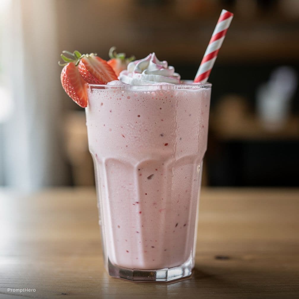 AI generated: realistic photo of a strawberry milkshake with a straw