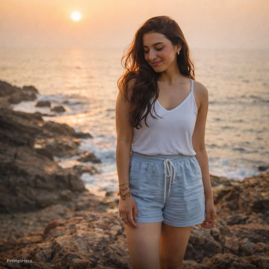 AI generated: A photorealistic, full-body portrait of me standing on a rugged, sun-drenched rocky coastline at sun...