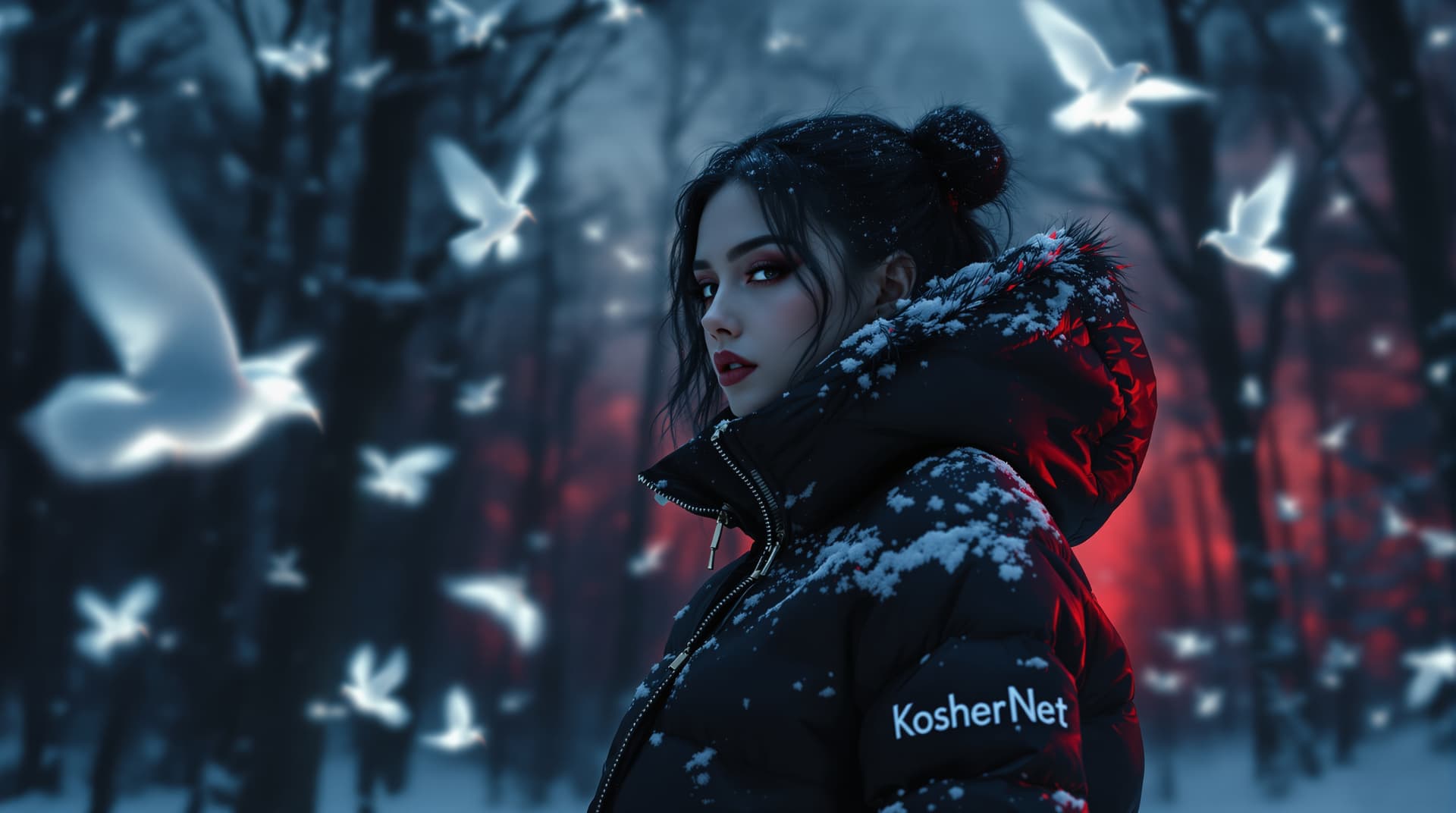AI generated: Ultra realistic, far mid body photo of a hot sensuous stylish goth model in snowy winter puffy panda...