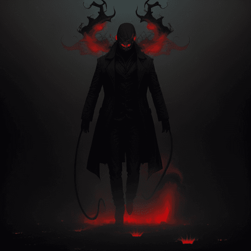 AI generated: a creepy demon made out of fog and smoke, wide grin, red eyes, sinister look, floating in the air, f...