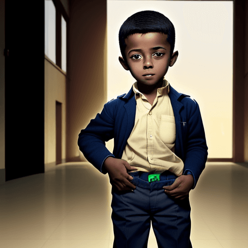 AI generated: A young boy pulls out his empty trouser pockets showing that they are empty.

