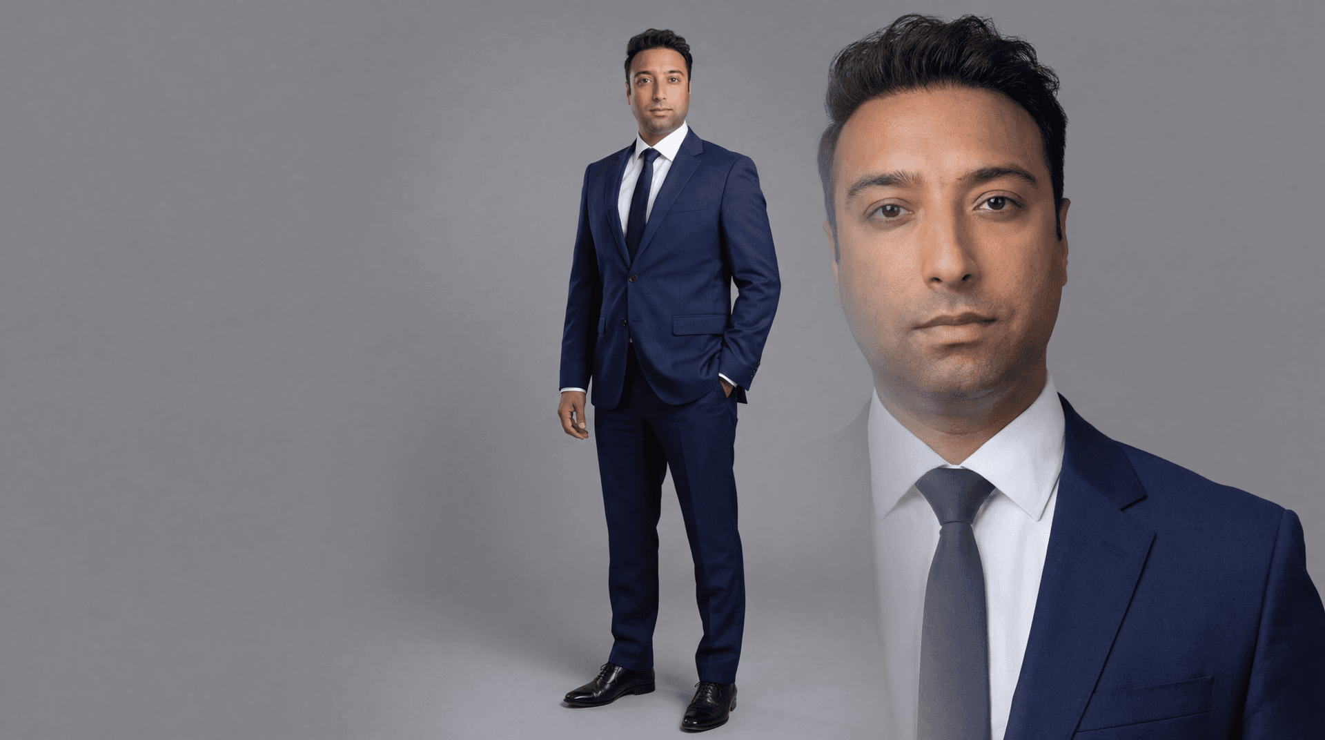 AI generated: Create a professional corporate portrait of an adult man standing upright with confident posture, sh...