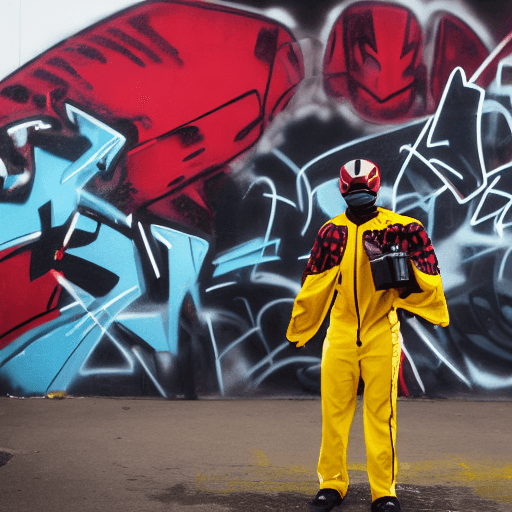 AI generated: a black man in a red and yellow suit, wearing a red power ranger helmet holding spraycans in front o...