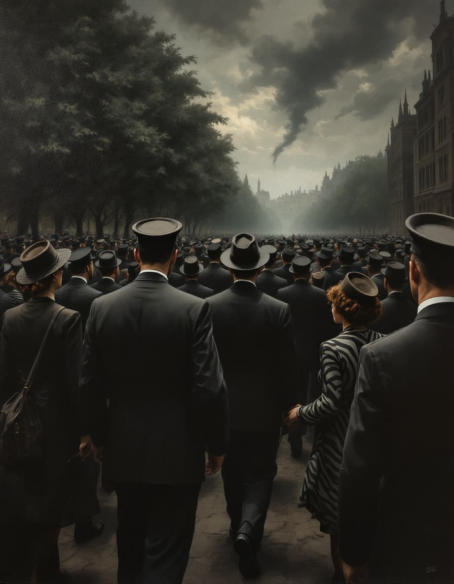 AI generated: Orwellian dystopian scene, oil painting, surrealism, detailed, men in suits, women in dresses, back ...