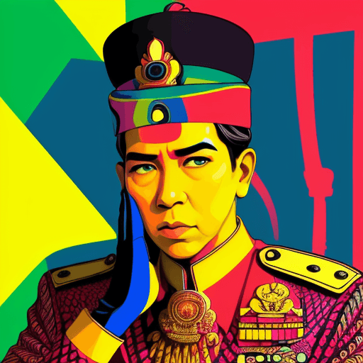 AI generated: Create a striking and bold image of Sukarno deep in thought, portrayed in a Neo-Pop Art style. Captu...