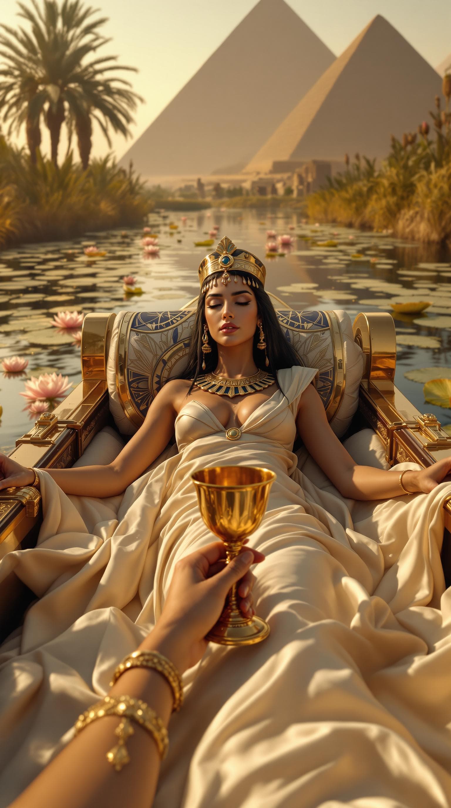AI generated: A hyper-realistic first-person perspective of Cleopatra VII reclining on a silk-covered chaise aboar...