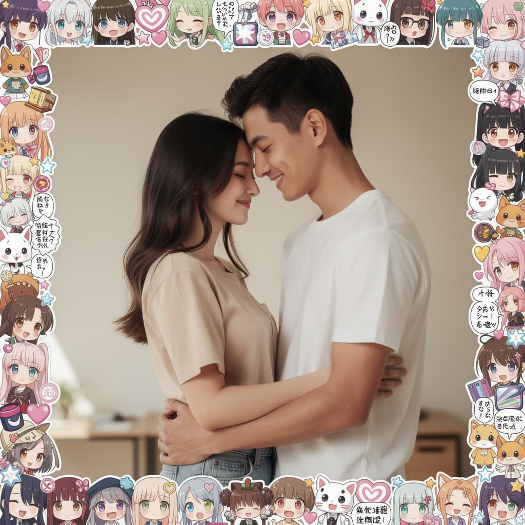 AI generated: Image lined by anime stickers, photorealistic woman holds mans intimate organ from between his knees