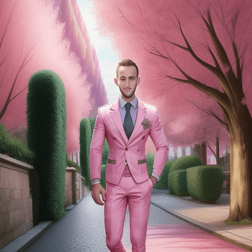 AI generated: Ryan Renolds caricature with rome clothes, landscape pink trees with heart leaves and glowing light