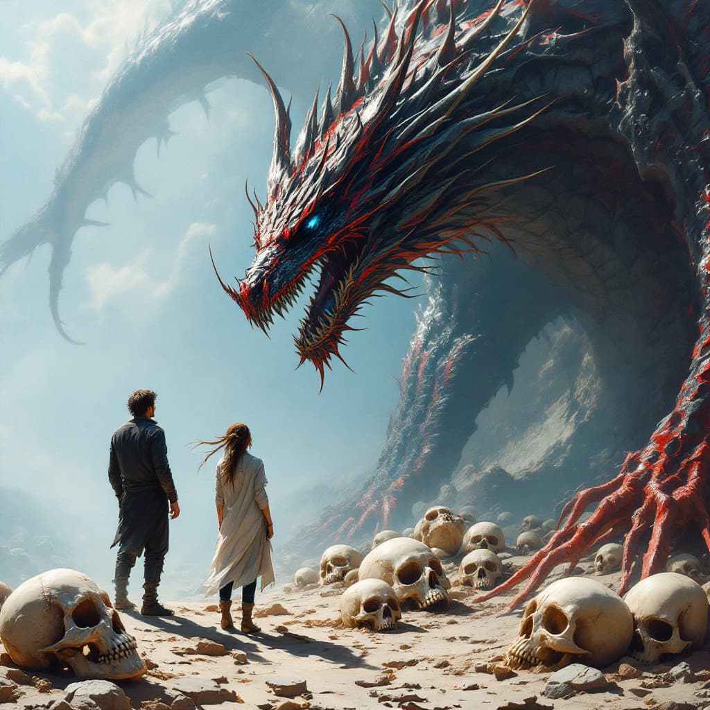 AI generated: two people are standing under a dragon watching other skulls, in the style of concept art, light sky...