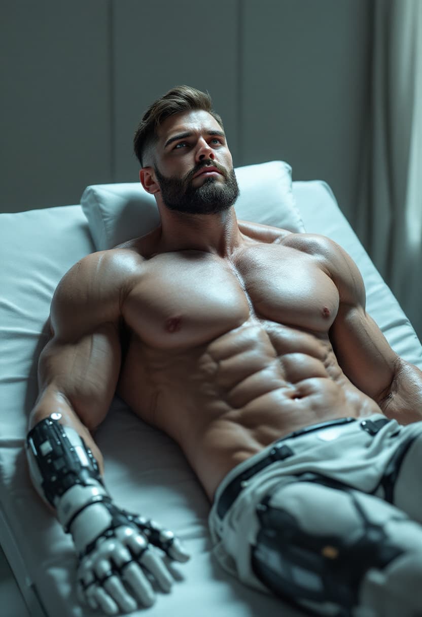 AI generated: Photorealistic image of Male cyborg with handsome face, exaggerated massive muscles, broad shoulders...