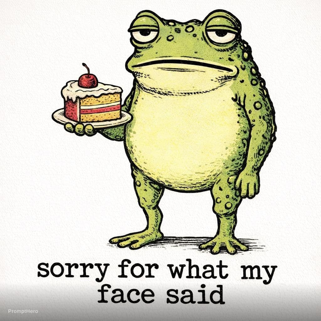 AI generated: sarcastic frog with bored half-lidded eyes holding a small slice of cake as an apology, vintage cart...