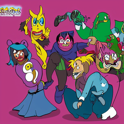 AI generated: A group of cartoon characters, from various franchises, are depicted in a portrait, all laughing out...