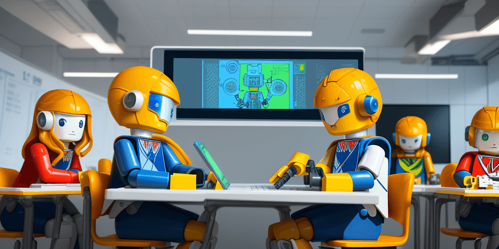 AI generated: in a futuristic classroom ,  kids (LEGO) wearing school uniforms,  working on a tablet computer, doi...