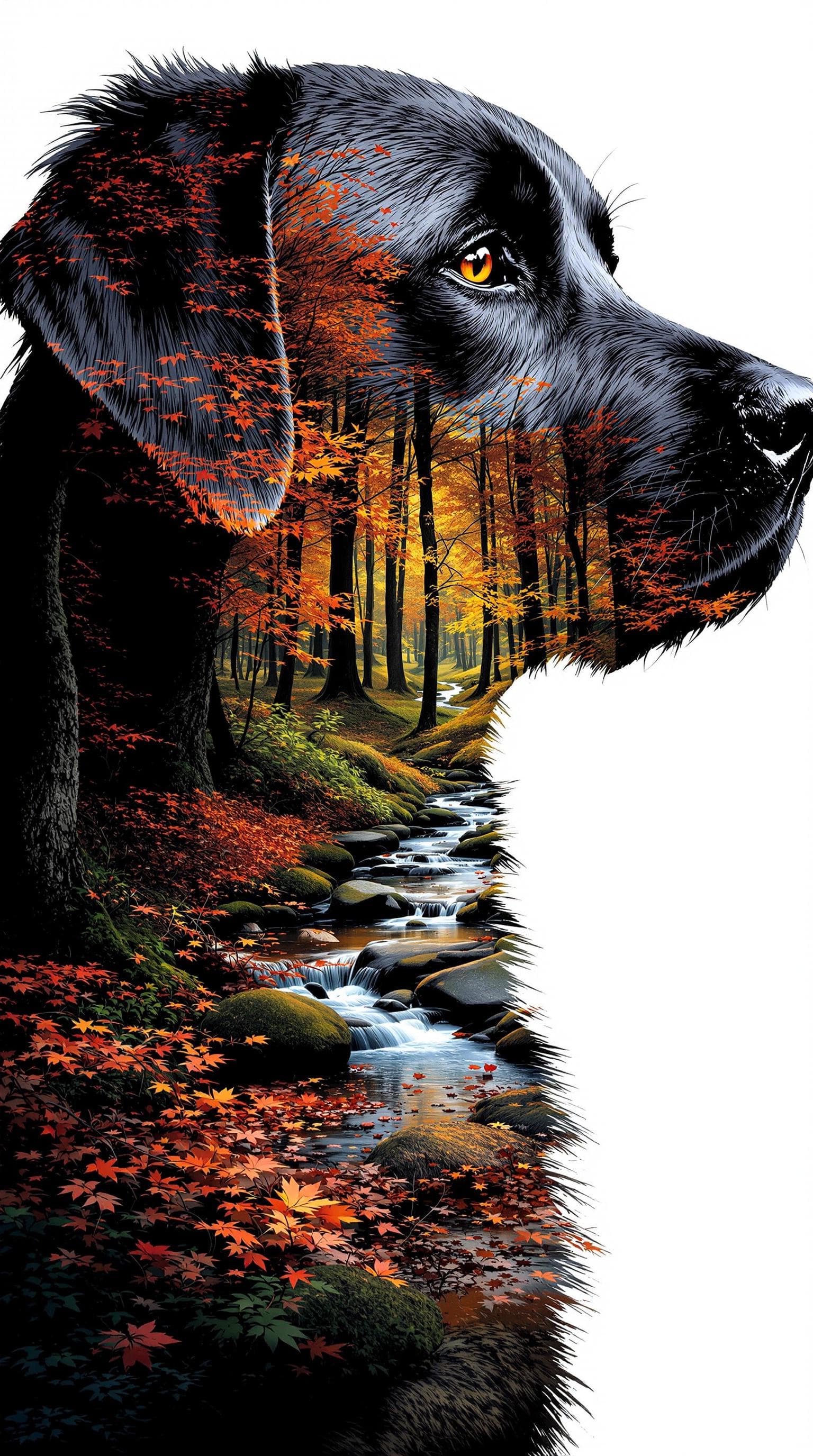 AI generated: 8K, highly detailed, high quality breathtaking double exposure illustration features a black labrado...