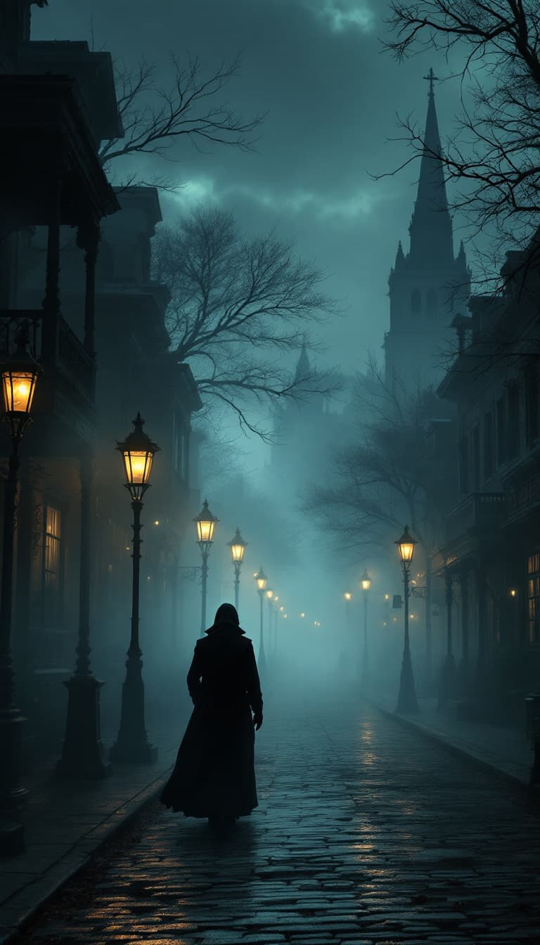 AI generated: Create a Victorian Penny Dreadful comic-style image depicting the foggy streets of 1880s Austin, Tex...