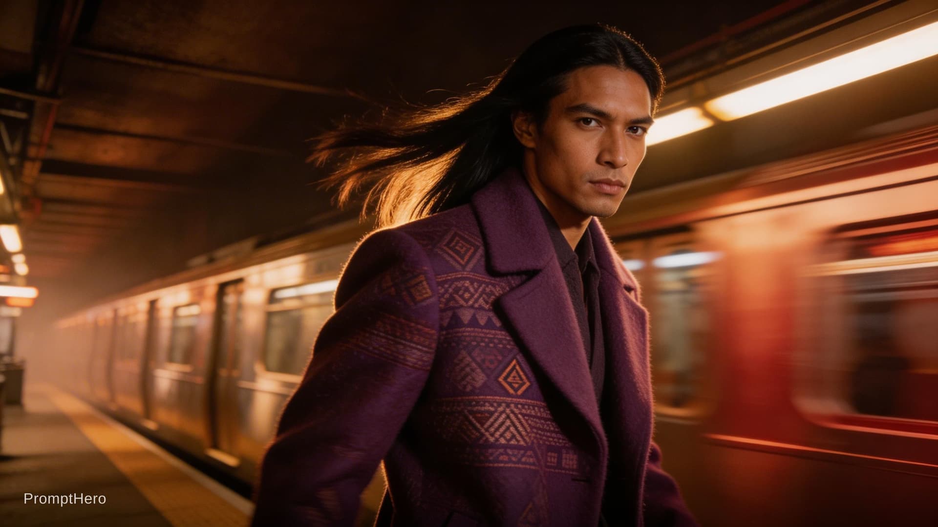 AI generated: fafashion editorial photography, cinematic motion blur, male model of authentic Andean origin, stron...