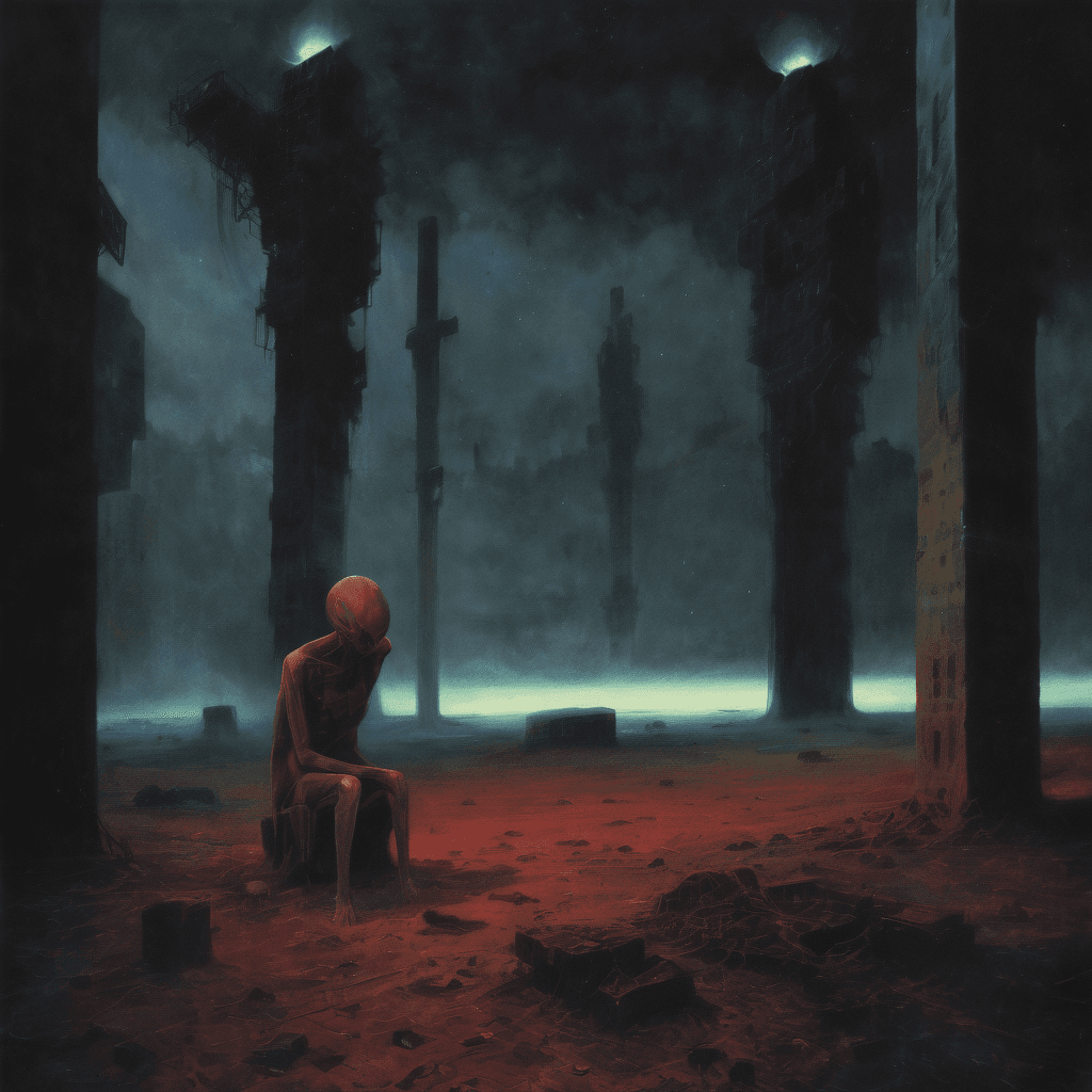 AI generated: man who sit alone in the void ruined place