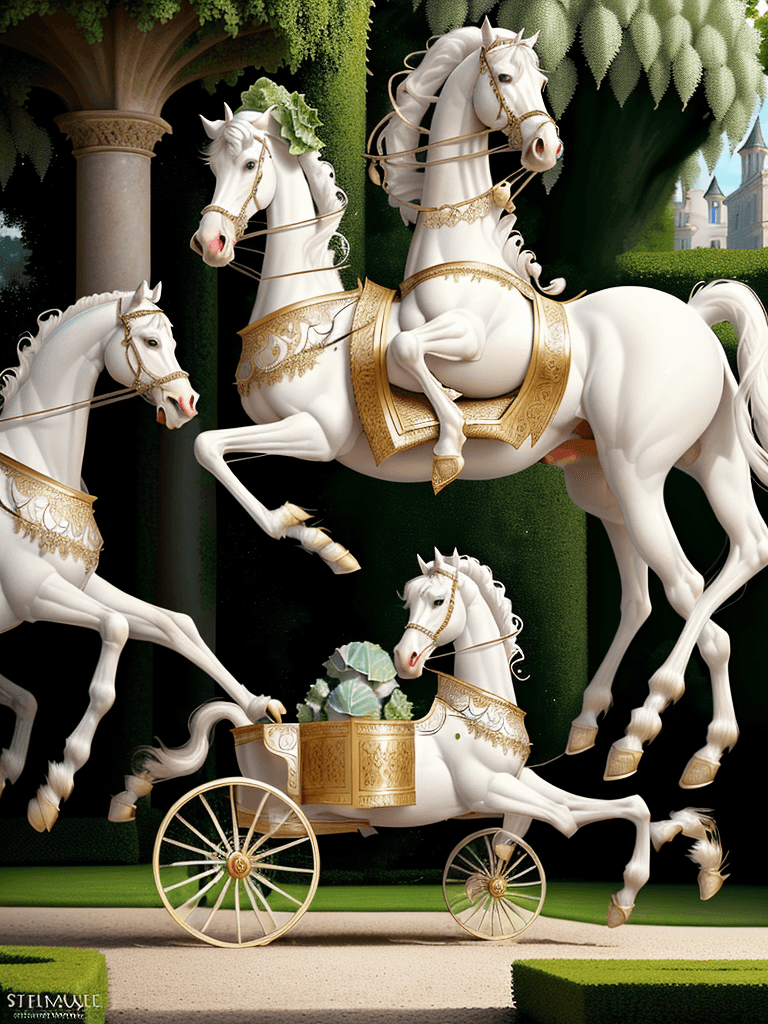 AI generated: Produce a hyper-realistic portrait featuring a scene of six rearing Arabian white stallions drawing ...