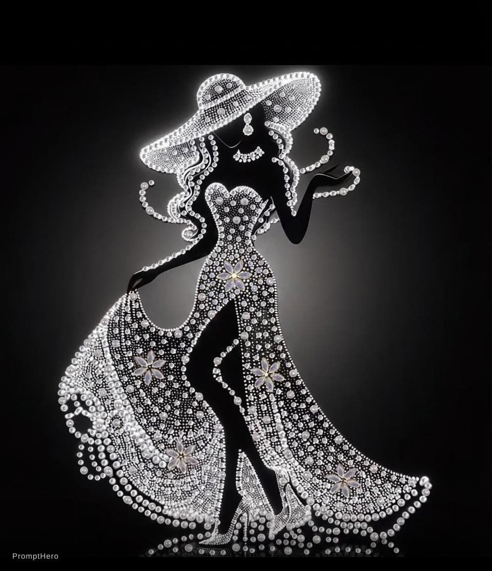 AI generated: full body elegant pearl lady silhouette, wide pearl hat, flowing pearl gown with large pearl flower ...