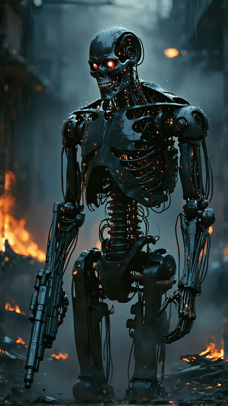 AI generated: A **battle-worn T-800 Terminator** stands **menacingly in a dark, smoke-filled urban warzone**, illu...