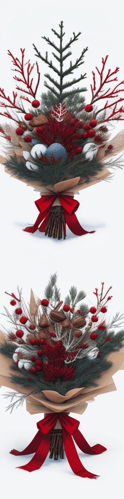 AI generated:  sky, forest, branches, cones, red winter berries, cinnamon sticks, New Year's balls and spruce bran...