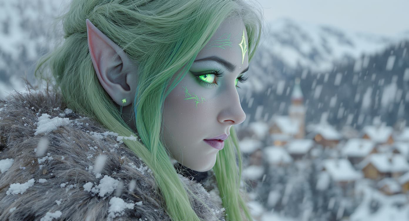 AI generated: ultra realistic close up shot of an elven woman elf ears. one eye is neon green shining and the othe...