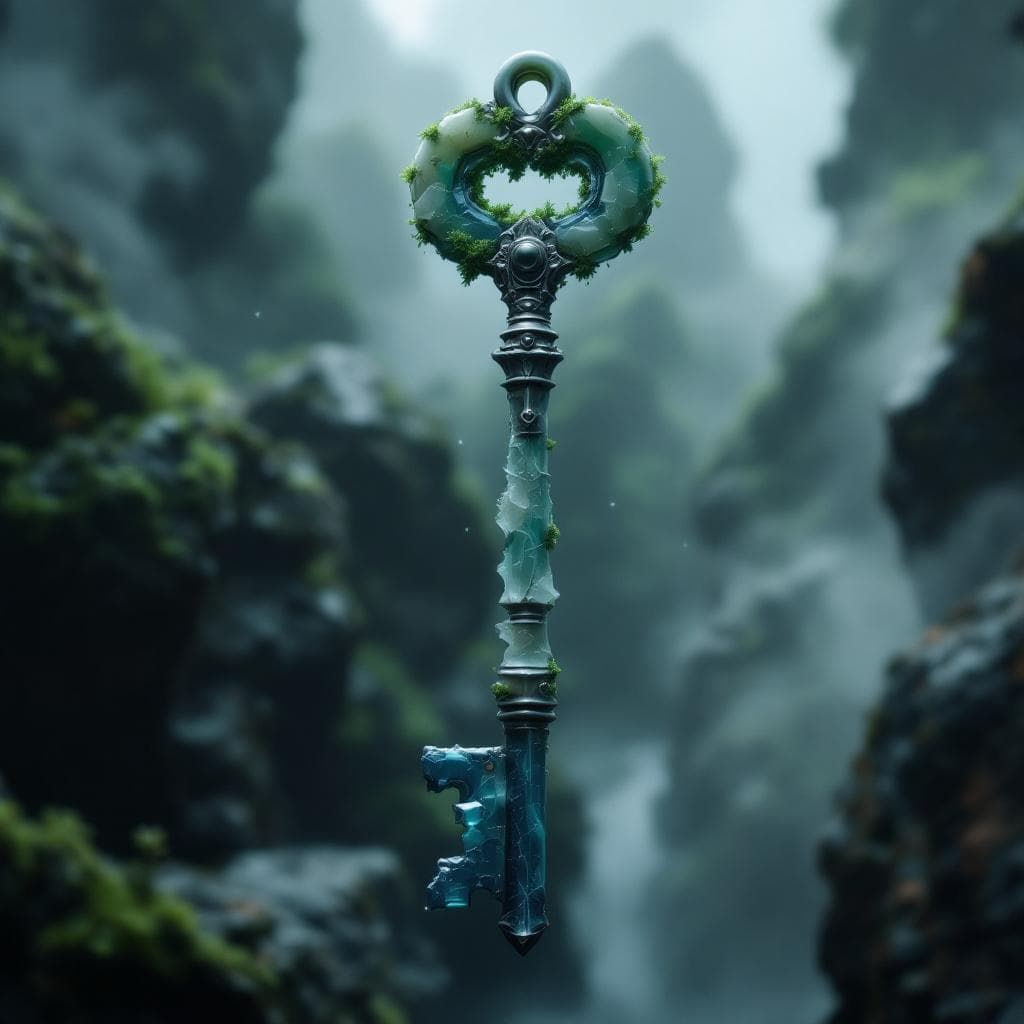 AI generated: Create a key made of Moss Agate with metal and moss at the hilt and the teeth of the key are made ou...