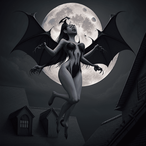 AI generated: Manananggal, female half-body (no lower body part) monster with bat-like wings and fangs, flying nea...
