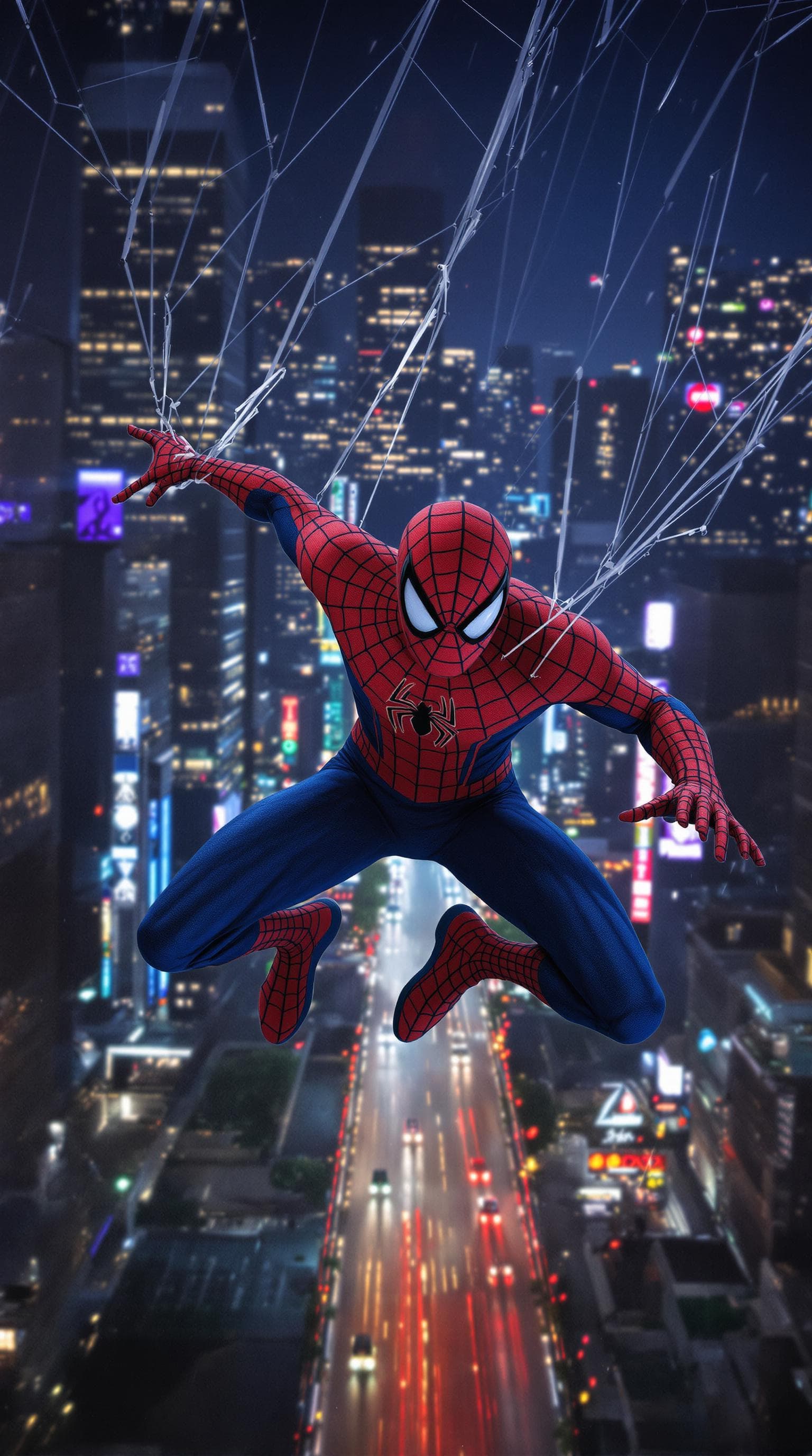 AI generated: Spiderman flying through the streets of a night metropolis of a modern metropolis. Hyperrealistic sp...