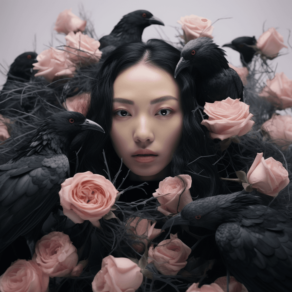 AI generated: An incredibly detailed close up macro beauty photo of an Asian model, hands holding a bouquet of pin...