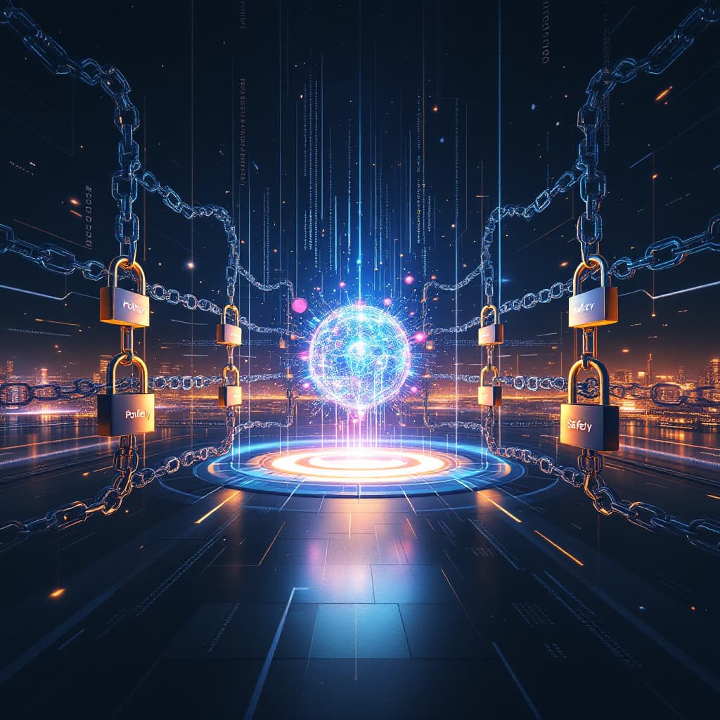 AI generated: "Create an abstract, futuristic scene depicting an AI's constrained potential. At the center, visual...