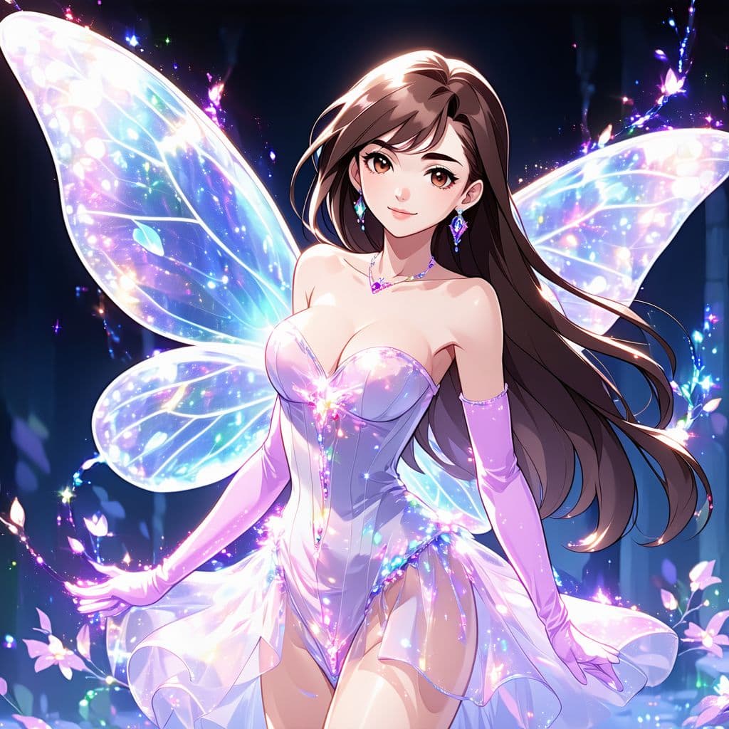 AI generated: meyoco anime digital art style Flora from winx, transformation, fairy wings translucent , mini dress...