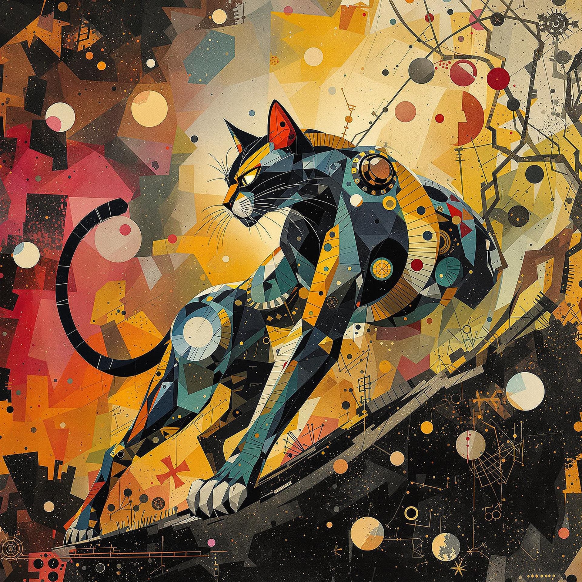 AI generated: A captivating surrealist masterpiece featuring a majestic, feline figure poised to pounce, captured ...