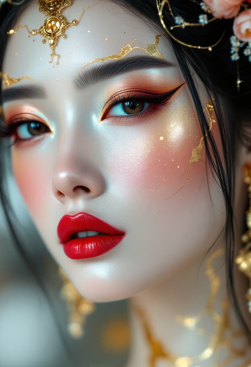 AI generated: A hyperrealistic, ultra-glossy 4K portrait of a majestic East Asian woman sculpted in high-polish po...