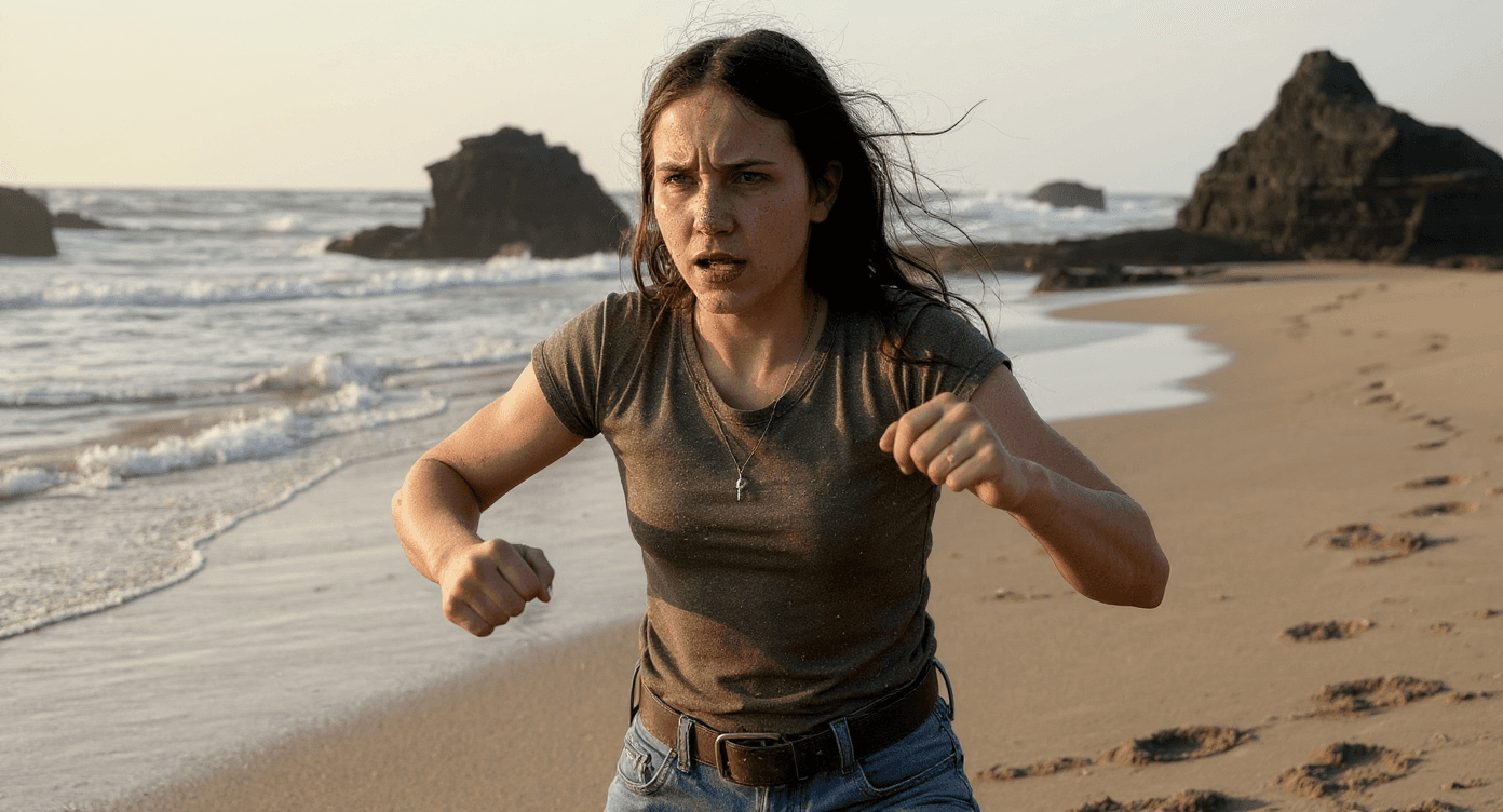 AI generated: a rebel girl standing in a fighting pose covered in dirt with a runny nose and fists up determined l...