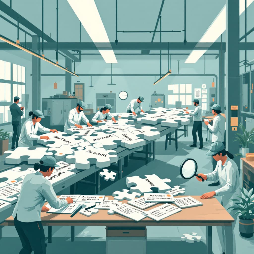 AI generated: General Ledger Assembly Line**  
An industrial scene where workers move along an assembly line, fitt...
