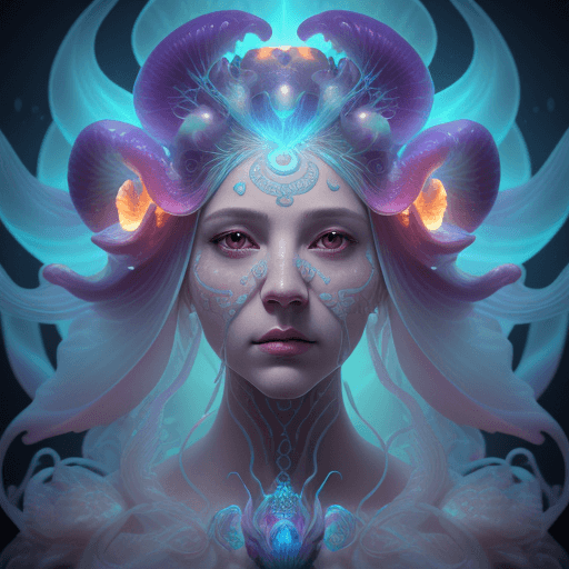 AI generated: Goddess close-up portrait ribcagel. jellyfish phoenix head, nautilus, orchid, skull, betta fish, bio...