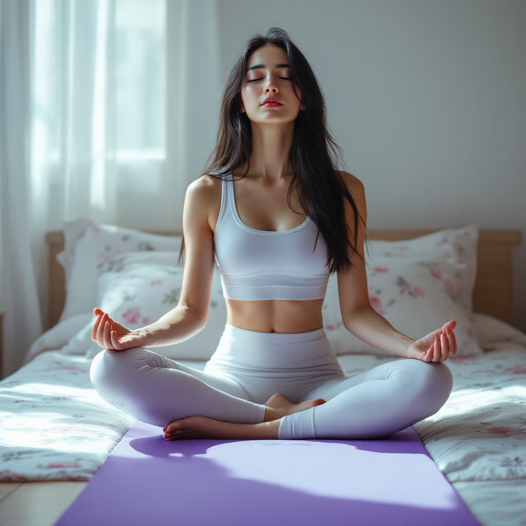 AI generated: A young Korean woman with long black hair, wearing a white yoga top and leggings, sitting cross-legg...