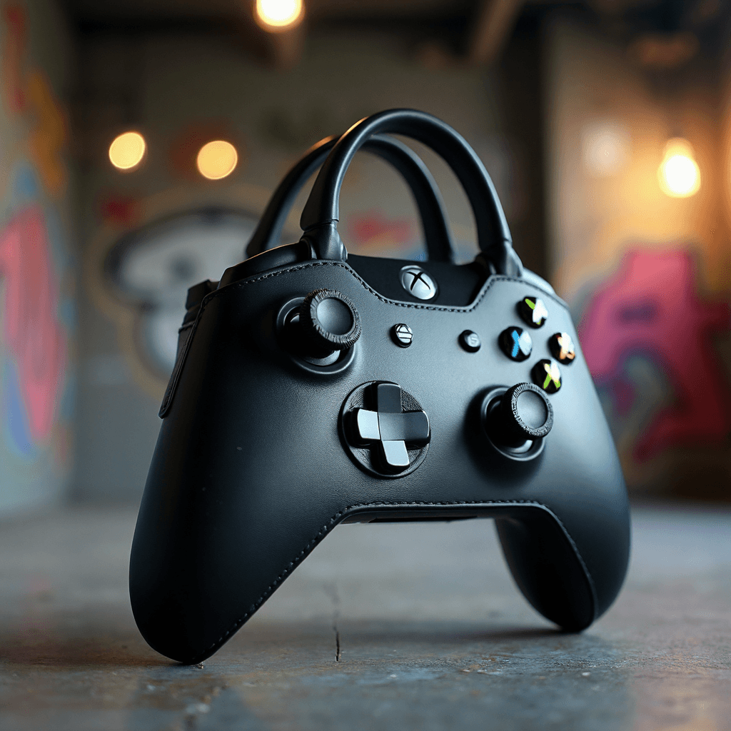 AI generated: Chic bag inspired by an Xbox controller, showcasing brushed aluminum details and a sleek, minimalist...