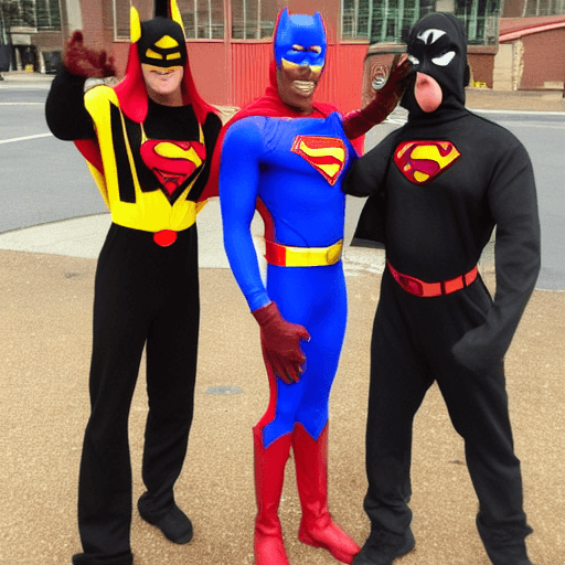 AI generated: 5 black man in different superhero costumes, one in a red and blue  superman suit superhero,the othe...