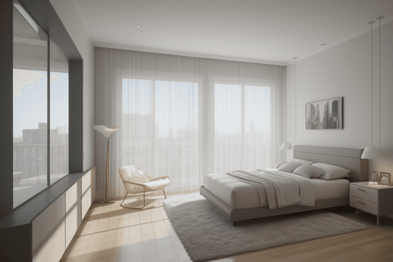 AI generated: interior design, modern bedroom, bedroom, modern, window, wide angle, wideangle, photo, photorealist...