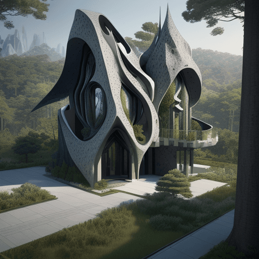 AI generated: expansive view + photo realistic + 3D rendering + modern house + bookcase statue + book sculpture + ...