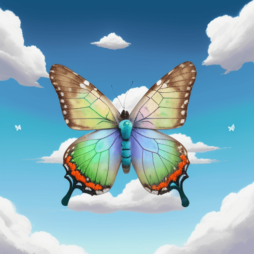 AI generated: una mariposa multicolor en un campo verde con un cielo azul y nubes blancas, en el cielo que pase un...