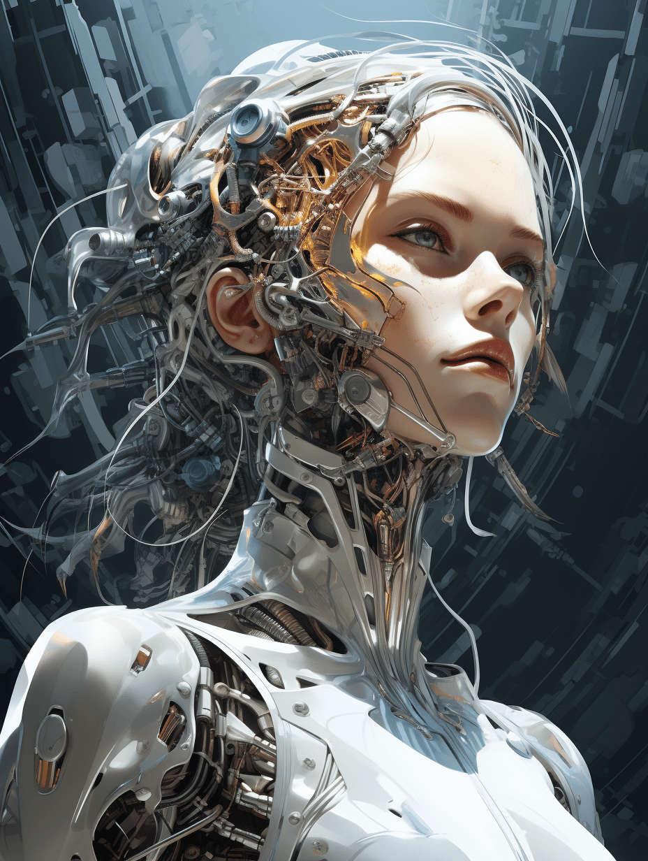 AI generated: in style of Hajime Sorayama, character concept design, Half of the face is robotic skeleton, Melanch...
