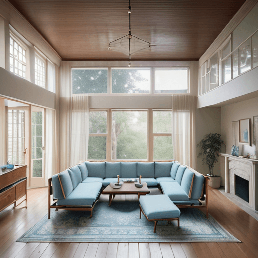 AI generated: High resolution photography interior design, dreamy sunken living room conversation pit, wooden floo...