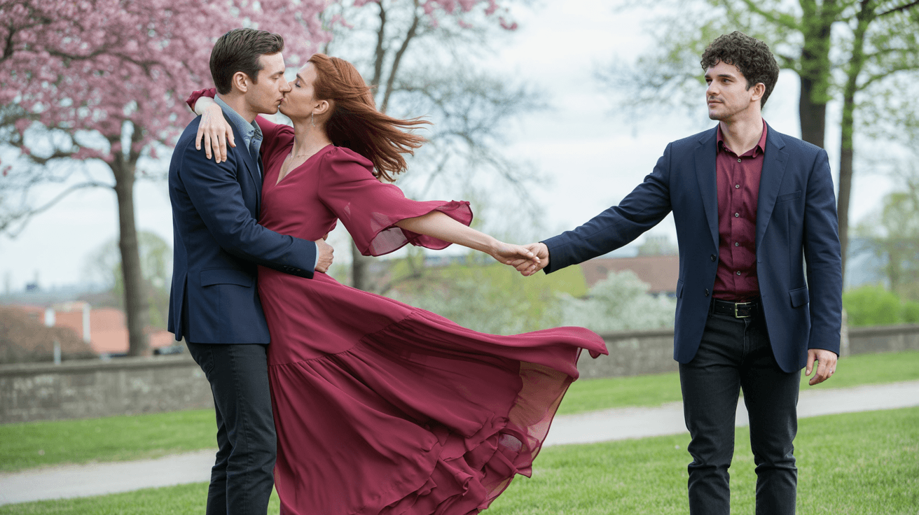 AI generated: A full-length shot of two men and a woman. It's springtime, and the man is kissing the woman in a fl...