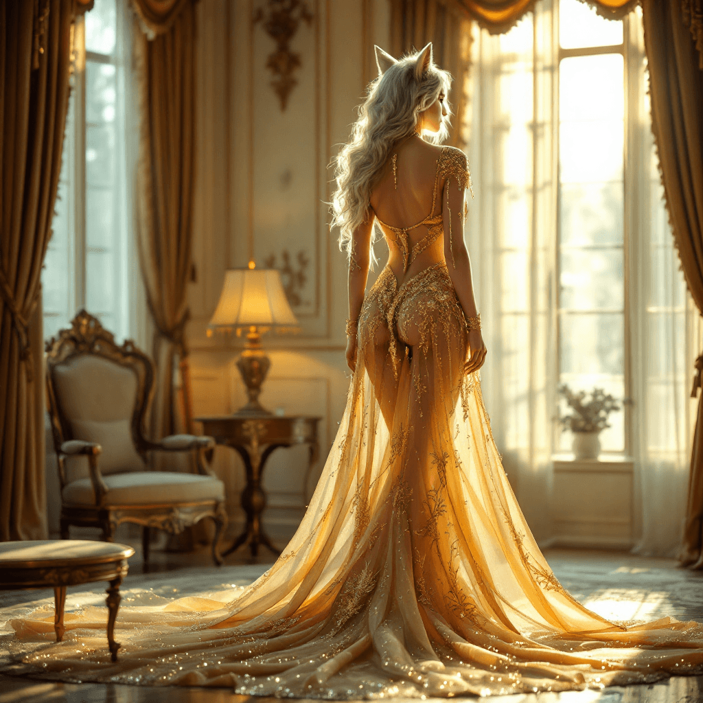 AI generated: A breathtaking full-body portrait of a wolf-girl wearing a dazzling, intricately designed gold and c...