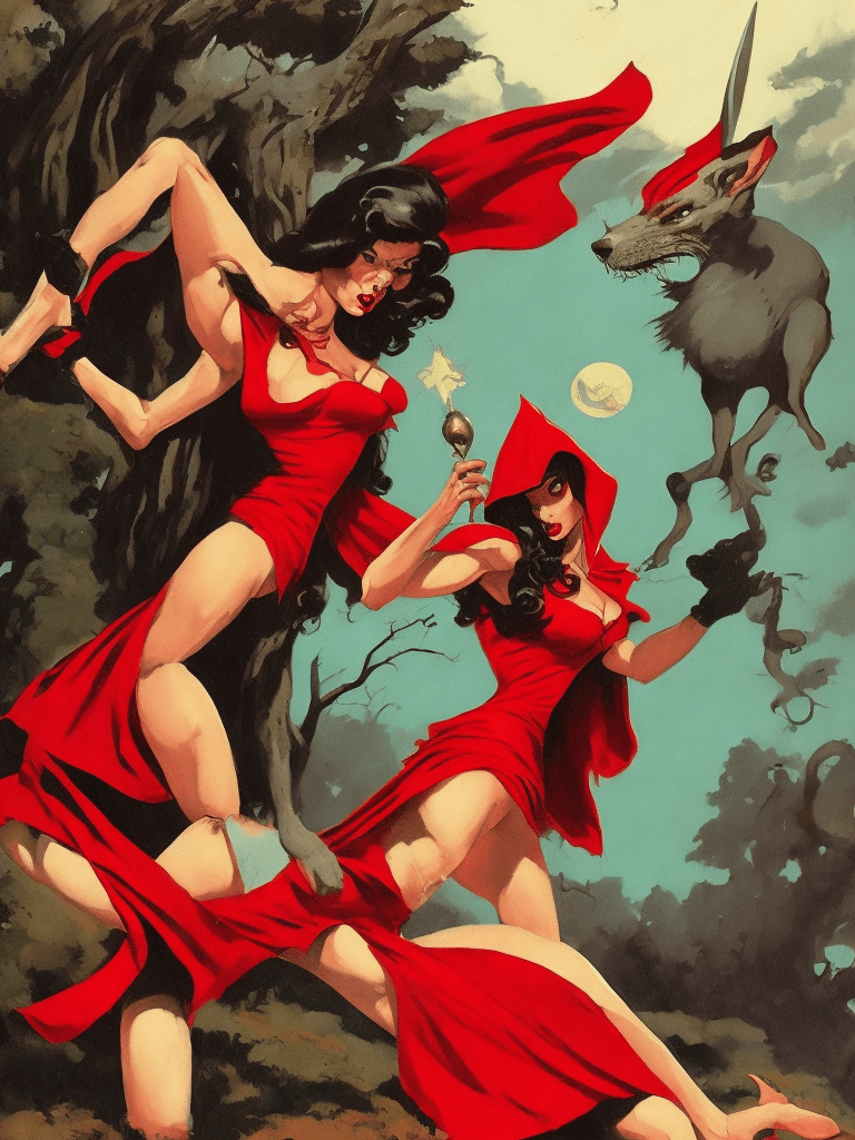AI generated: pulp art, inspired by frank frazetta, real life version of red riding hood, uhd, short dress, long l...