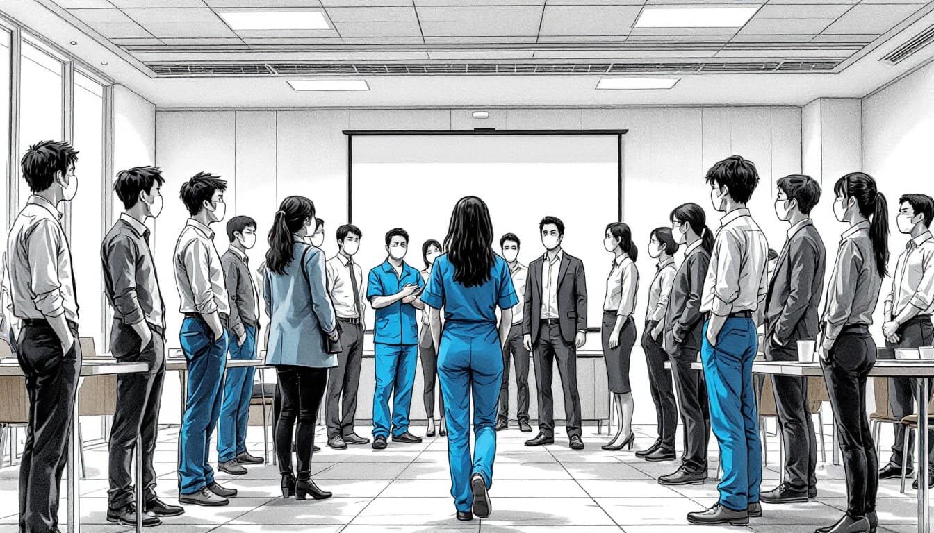 AI generated: Wide shot in pencil sketch style of a morning meeting scene in a company conference room. Several em...